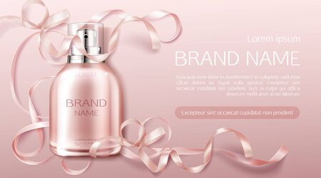 Perfume bottle, fragrance cosmetic design banner mock up. Glass sprayer flask packaging on pink background with rose ribbon. Women cosmetics product, promo ad banner. Realistic 3d vector illustrationのイラスト素材