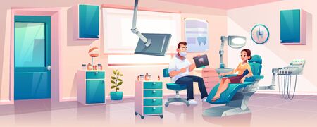 Woman sitting in dentist chair, listening doctors explanations about x-ray results while having appointment in modern, well equipped dentist clinic or stomatology cabinet cartoon vector illustrationのイラスト素材