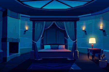 Night modern hotel luxury apartments in medieval castle, ancient mansion, kings bedroom in burning candles light cartoon vector interior. Huge wooden bed with curtain, antique furniture and fireplaceのイラスト素材