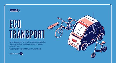 Eco transport isometric landing page, electric car, bicycles and skateboard on blue retro colored background, ecological friendly transportation vehicles, 3d vector illustration, web banner, line artのイラスト素材
