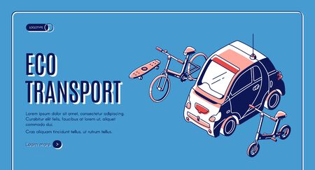 Eco transport isometric landing page, electric car, bicycles and skateboard on blue retro colored background, ecological friendly transportation vehicles, 3d vector illustration, web banner, line art