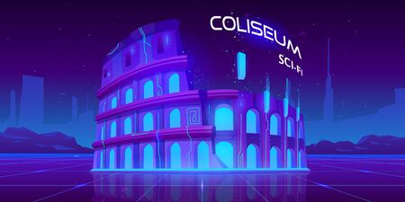 Neon Coliseum on retro sci-fi glowing background in futuristic synth retro wave style. Famous italian monument culture ladmark, antique building ruines, virtual reality Cartoon vector illustrationのイラスト素材