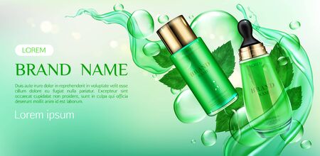 Cosmetics tubes mock up ad banner, Organic beauty product, skin care cream and serum bottles or oil mockup on green background with leaves and splash. Natural eco skincare cosmetic Realistic 3d vectorのイラスト素材