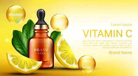 Vitamin ? cosmetics bottle with pipette, organic anti aging serum, q10 fruit acid product package mockup background with lemon slices. Natural eco cosmetic skin care. Realistic 3d vector illustrationのイラスト素材