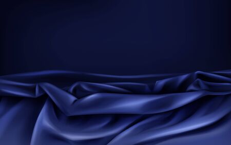 Crumpled and wavy, luxury blue or dark violet silk or satin fabric with wrinkles 3d realistic vector abstract background, copyspace. Gorgeous velvet texture, silky textile, elegant tissue illustrationのイラスト素材