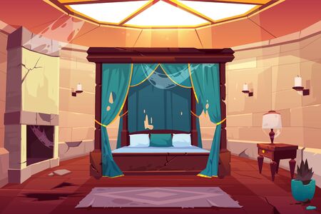 Abandoned bedroom in castle with canopy double bed. Scary empty palace apartment interior with window on roof, fireplace with spiderweb, cracked stone floor and dry plant. Cartoon vector illustrationのイラスト素材