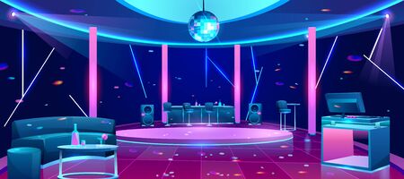 Nightclub interior with bright neon illumination, stools near bar counter, comfortable sofa, alcohol drinks on table, DJ equipment on desk, disco ball under dance floor cartoon vector illustrationのイラスト素材