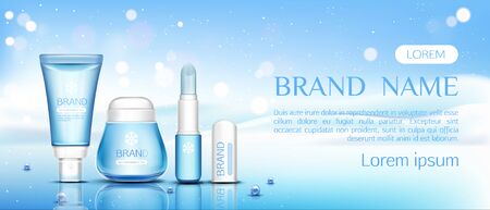 Winter cosmetic , lip balm tubes and cream jar on ice surface with pearls on snow drift background, beauty cosmetics product bottles set mock up line. Realistic 3d vector illustration, bannerのイラスト素材