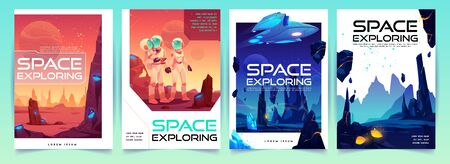 Space exploring banners set with alien fantasy landscape background and astronauts family on red planet surface. colonization concept for computer game or poster design. Cartoon vector illustrationのイラスト素材