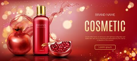 Pomegranate cosmetics mock up banner, bottle with ripe garnet and water splashes, beauty skin care cosmetics product tube package design mockup promo poster Realistic 3d vector illustration, ad bannerのイラスト素材