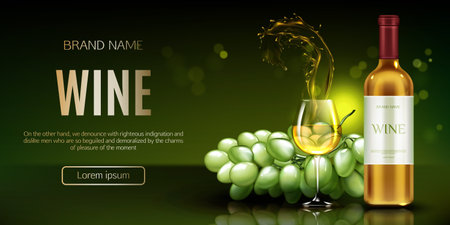 White wine bottle, glass with splash and bunch of grapes mockup banner. Closed flask and wineglass mock up, alcohol vine drink on green background, ad promo banner . Realistic 3d vector illustrationのイラスト素材