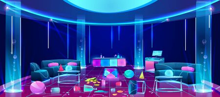 Mess and chaos in empty nightclub after weekend party cartoon vector concept with balloons, paper cups, broken glasses, flipped upside down furniture, scattered on dirty dance floor illustrationのイラスト素材