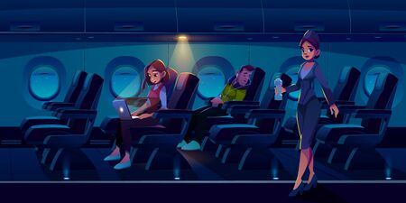 Passengers in night airplane cabin. Man sleep in plane, freelancer girl work on laptop stewardess carry water bottle. Traveling people sleeping and working during flight Cartoon vector illustrationのイラスト素材
