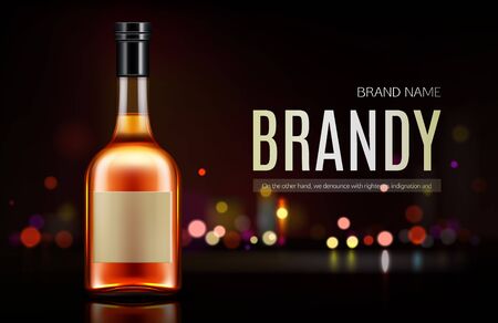 Brandy bottle mockup banner. Closed blank flask with strong alcohol drink mock up on dark background with defocused bokeh lights, beverage promo advertising design. Realistic 3d vector illustrationのイラスト素材