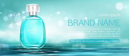 Perfume spray bottle mock up banner. Glass flask packaging design mockup on water surface blurred background. Scent fragrance cosmetic beauty product, promo ad banner. Realistic 3d vector illustrationのイラスト素材