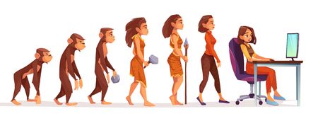 Human evolution from monkey to freelancer woman, time line Female character evolve steps from ape to uprights homo sapiens to girl at computer isolated on white background. Cartoon vector illustrationのイラスト素材