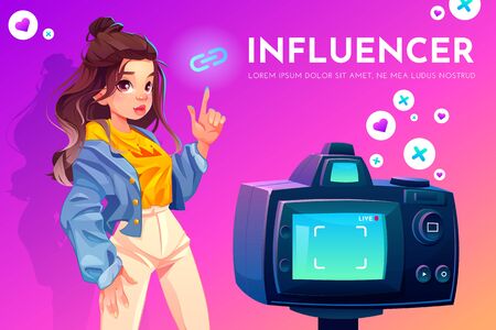 Influencer blogger girl in stylish clothes with crown print on t-shirt pointing on link icon stand in front of recording video camera. Social media live vlog broadcasting. Cartoon vector illustrationのイラスト素材