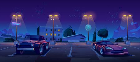 Car parking at night city, luxury automobiles stand in row under glowing street lamps, bar pointer and park sign for transport on cityscape background. Modern metropolis. Cartoon vector illustrationのイラスト素材