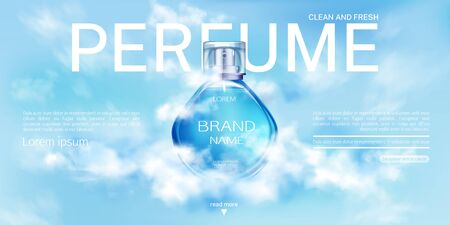 Perfume spray bottle in cloudy sky landing page mock up banner. Glass flask mockup on blue heaven background with clouds. Scent fragrance cosmetic product, promo ad Realistic 3d vector illustrationのイラスト素材