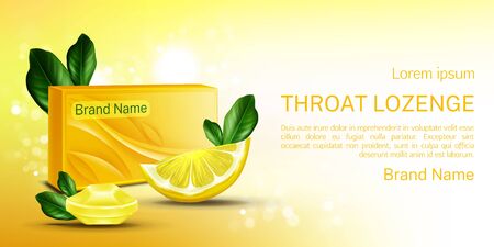 Throat lozenge, lemon cough drops mock up banner. Sore larynx pain remedy package with citrus slices design for medicine promo advertising, flavored medical candies. Realistic 3d vector illustrationのイラスト素材