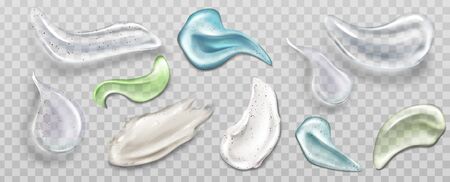 Scrub and gel smears swatch set. Cosmetics beauty skin care product strokes isolated on transparent background, cream, peeling, milk, lotion, drops texture Realistic 3d vector illustration, clip artのイラスト素材