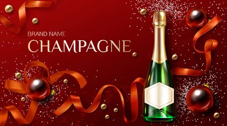 Champagne bottle on christmas decorated background with baubles, ribbon and and glitter. Closed bubbly flask with blank label, sparkling wine drink with cork. Realistic 3d vector illustration, banner.のイラスト素材