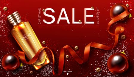 Cosmetics christmas sale banner, gift beauty product gold cosmetic tube on red shiny xmas or new year background with festive decoration baubles ribbon and sparkles. Realistic 3d vector illustrationのイラスト素材