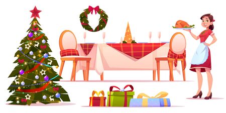 Christmas dinner set, happy woman hold tray with turkey, served table with festive tableware, decorated fir tree and heap of wrapped gifts, holiday celebration. Cartoon vector illustration, clip artのイラスト素材