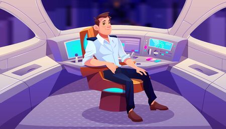 Train driver in cockpit, railroad engineer sitting in turning armchair near control panel in railway car cabin with electronic dashboard, buttons and panoramic windows. Cartoon vector illustrationのイラスト素材