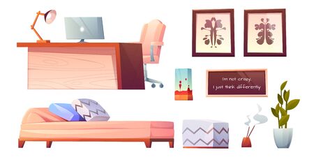 Psychologist, psychotherapist office stuff and furniture set isolated on white background, table with pc, armchair, couch with pillows, rorschach test, lamp plant Cartoon vector illustration, clip artのイラスト素材