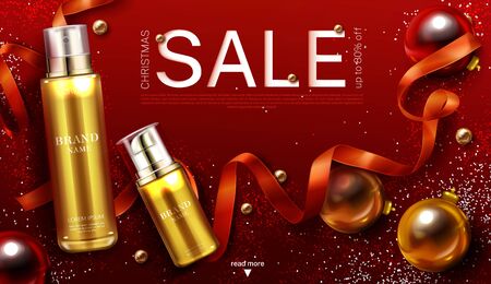 Cosmetics christmas sale banner, gift beauty product gold cosmetic pump tubes on red xmas or new year background with festive decoration baubles ribbon and sparkles. Realistic 3d vector illustrationのイラスト素材