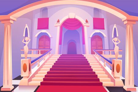 Castle staircase, upward stairs in palace entrance with statues, red rag and wooden doors, medieval architecture design, empty fantasy or historical building hall interior. Cartoon vector illustrationのイラスト素材