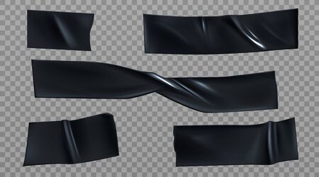 Black duct tape pieces set. Insulating adhesive stripes with wrinkles. Sticky scotch for fix, repair or packaging, design elements isolated on transparent background. Realistic 3d vector illustrationのイラスト素材