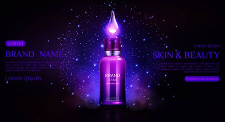 Cosmetics bottle mock up banner. Cosmetic tube with glowing falling drop, repair night beauty skin care product package design, landing page magazine ad promo template Realistic 3d vector illustrationのイラスト素材