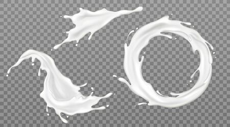 Milk splashes set, yogurt or dairy drink product pouring and circle shape frame with white spray droplets, liquid dynamic motion isolated on transparent background. Realistic 3d vector Illustrationのイラスト素材