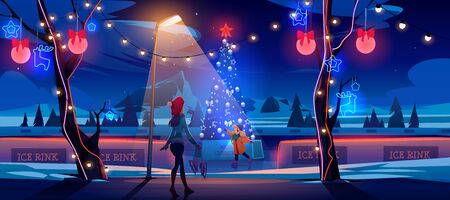 Girl with mother at night Christmas ice rink with decorated fir tree and lights. Woman with little daughter skating in public place, walking in winter park at nighttime. Cartoon vector illustrationのイラスト素材