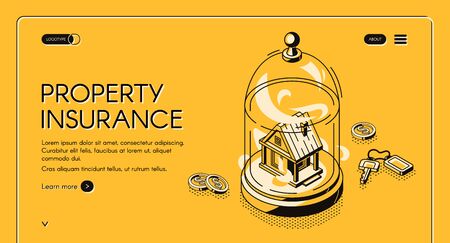 Property insurance isometric landing page. Real estate building stand under glass dome with keys and money scattered around. Home accident protection service 3d vector illustration line art web bannerのイラスト素材