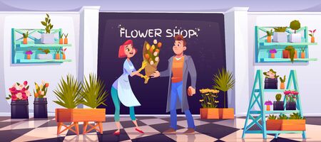 Man buying bouquet in flower shop, saleswoman and customer in floristic store with potted plants on shelves, tiled floor, decoration items, blossom compositions for sale. Cartoon vector illustrationのイラスト素材