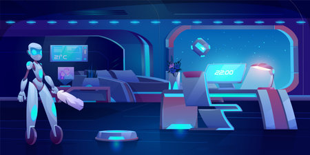 Robot assistant, automatic vacuum and window cleaner in futuristic bedroom with neon glowing furniture at night. Apartment interior with household technologties of future . Cartoon vector illustrationのイラスト素材