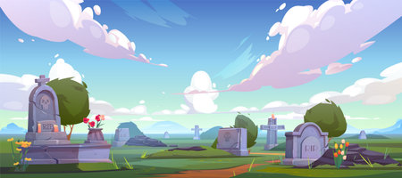 Cemetery, graveyard with tombstones, cracked crosses with rip signature, extinguished candles and flowers. Old and fresh creepy grave tombs on green grass at day time. Cartoon vector illustrationのイラスト素材