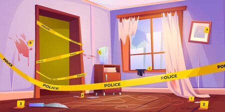 Crime scene, murder place fenced with yellow police tape, chalk line silhouette of dead body on floor, bloody knife and red spots on walls. Wrecked furnished apartment. Cartoon vector illustrationのイラスト素材