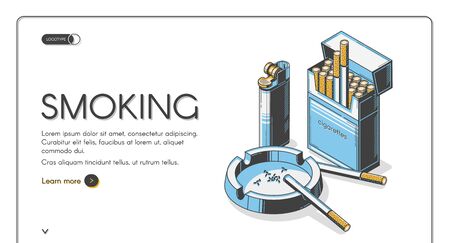 Smoking isometric landing page, cigarettes in package with ashtray and lighter, tobacco addiction, nicotine product retro colored web banner design. Bad unhealthy habit. 3d vector line artillustrationのイラスト素材