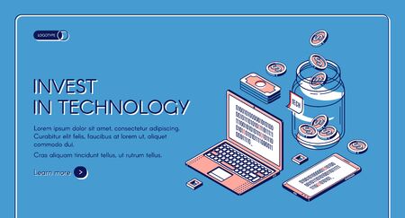 Invest in technology isometric landing page, gadgets with binary code on screen, dollar coins fall to glass jar. Investment business for finance increase. 3d vector illustration, line art web bannerのイラスト素材