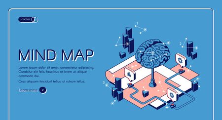 Mind map isometric landing page, human brain and graphical way to represent ideas and concepts, visual thinking tool that help structuring information, 3d vector illustration, line art web bannerのイラスト素材