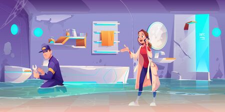 Plumber fixing leakage in flooded bathroom, woman waiting for toilet bowler pipe repair speaking by phone. House plumbing company, professional repairman working service. Cartoon vector illustrationのイラスト素材