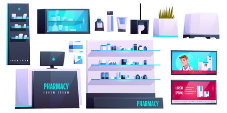 Pharmacy store, medical drugstore equipment and furniture set. Cashier desk with Pc, tv with pharmacist advertisement and medicine lying on shelves. Healthcare business. Cartoon vector illustrationのイラスト素材