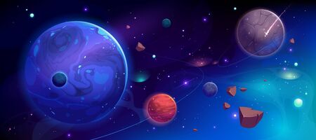 Planets in outer space with satellites, falling meteor and asteroids in dark starry sky. Galaxy, cosmos, universe futuristic fantasy view background for computer game. Cartoon vector illustrationのイラスト素材