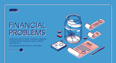 Financial problems isometric landing page. Pay bills and taxes documents lying around empty glass jar with spiderweb inside. Money crisis, need, bankruptcy 3d vector, line art illustration, web bannerのイラスト素材