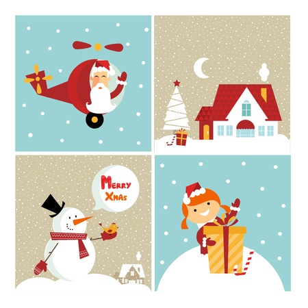 Vector Chrismas icons: with  a girl, santa, a gift and a cute little houseの写真素材
