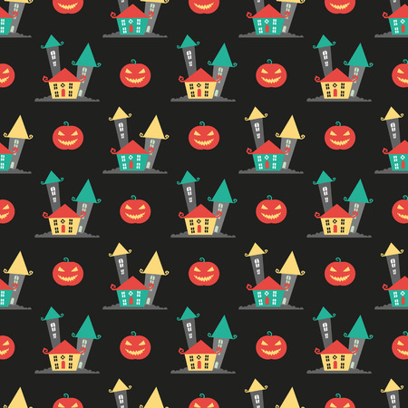 houses and pumpkins halloween patternのイラスト素材